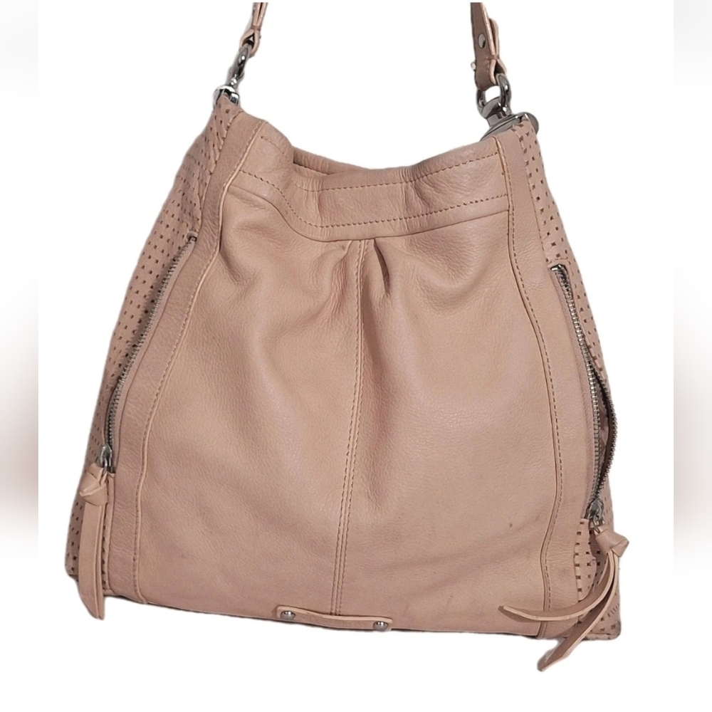 B. Makowsky Hobo Shoulder Bag Blush Pink Apricot Perforated Pebbled Leather GUC